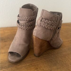Madden Girl Taupe Braided Peep-Toe Wedge Booties